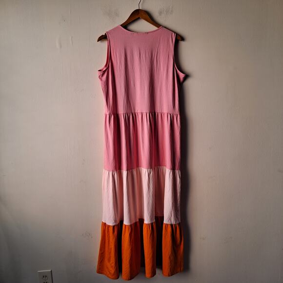 Lands' End Colorblock Tank Dress Sleeveless Tiered Maxi Pink Orange Women Size L - Picture 5 of 13